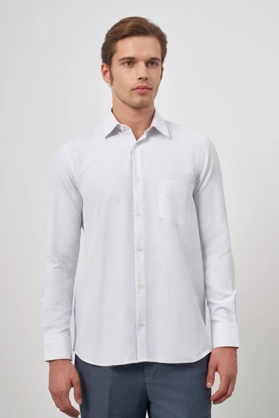 Beyaz Uzun Kol Kareli Desen Bez Ayağı Sert Yaka Cepli Pamuklu Classic Comfort Fit Gömlek 1004245163 - Resim 4