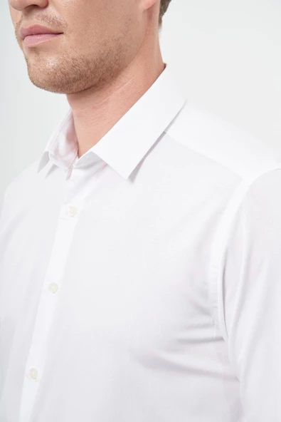 Beyaz Uzun Kol Kendinden Armürlü Cepsiz Pamuklu Classic Slim Fit Gömlek 1004245202 - Resim 5