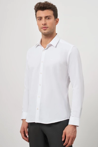 Beyaz Uzun Kol Kendinden Desenli Armürlü 032 Sert Yaka Classic Slim Fit Gömlek 1004245152 - Resim 5
