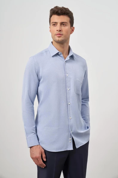 Koyu Lacivert Uzun Kol Kendinden Armürlü 041 Classic Comfort Fit Gömlek 1004245156 - Resim 4