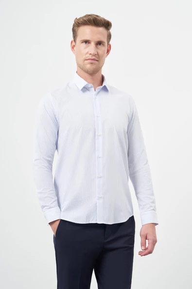 Beyaz Uzun Kol Çizgili Desen Oxford Sert Yaka Cepsiz Pamuklu Classic Slim Fit Gömlek 1004245206 - Resim 4