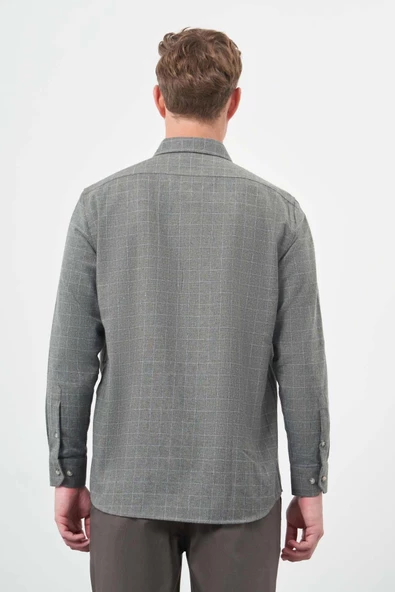 Koyu Haki Uzun Kol Kareli Desen Gabardin Cepsiz Pamuklu Classic Comfort Fit Gömlek 1004245166 - Resim 5