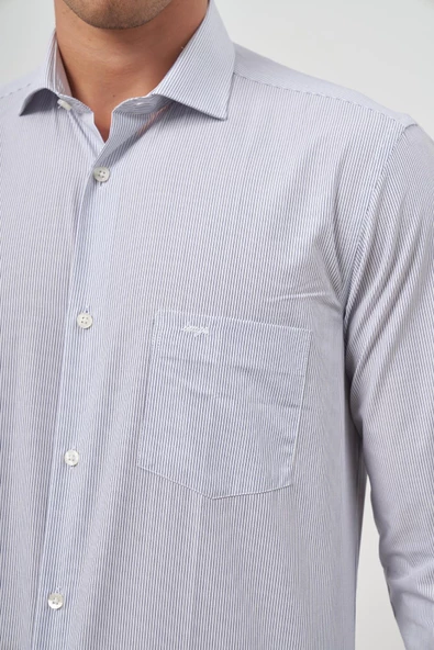 Beyaz Uzun Kol Desen Yarım İtalyan Yaka Cepli Pamuklu Classic Comfort Fit Gömlek 1004245175 - Resim 6