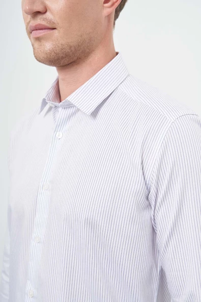 Beyaz Uzun Kol Çizgili Desen Gabardin Sert Yaka Cepsiz Pamuklu Classic Slim Fit Gömlek 1004245205 - 4