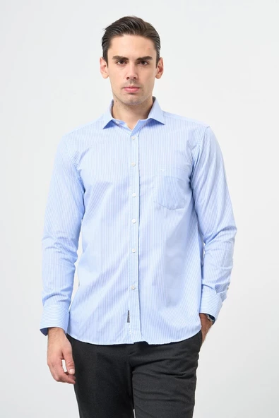 Koyu Mavi Uzun Kol Desen Yarım İtalyan Yaka Cepli Pamuklu Classic Comfort Fit Gömlek 1004245195