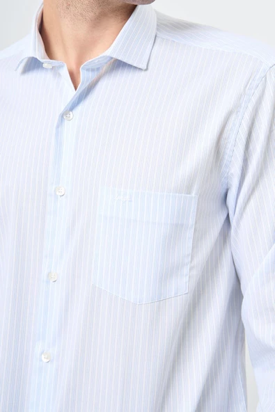 Beyaz Uzun Kol Desen Yarım İtalyan Yaka Cepli Pamuklu Classic Comfort Fit Gömlek 1004245184 - Resim 4