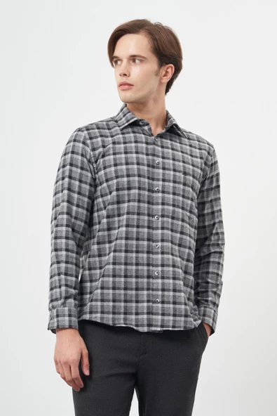 Füme Uzun Kol Ekose Desen Gabardin Sert Yaka Cepli Pamuklu Classic Comfort Fit Gömlek 1004245169 - Resim 3