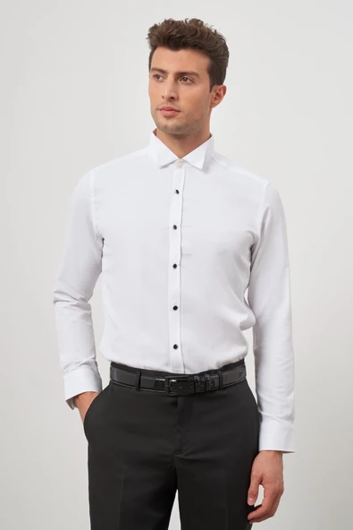Beyaz Uzun Kol Kendinden Armürlü Ata Yaka Cepsiz Pamuklu Ceremony Slim Fit Gömlek 1004240331 - Resim 3