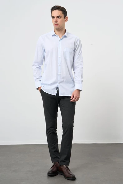 Beyaz Uzun Kol Desen Yarım İtalyan Yaka Cepli Pamuklu Classic Comfort Fit Gömlek 1004245184 - Resim 2