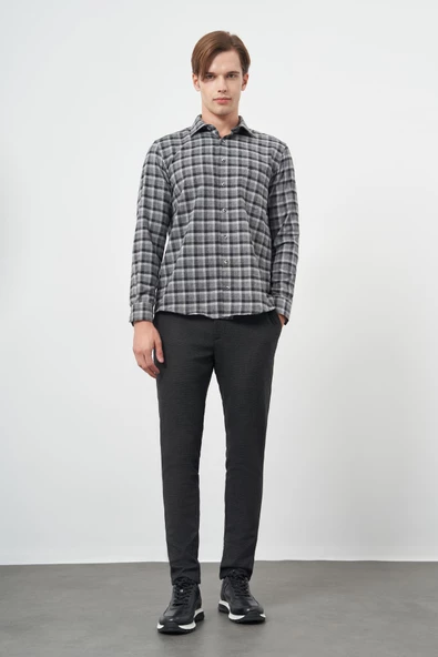 Füme Uzun Kol Ekose Desen Gabardin Sert Yaka Cepli Pamuklu Classic Comfort Fit Gömlek 1004245169 - Resim 2