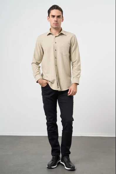 Açık Bej Uzun Kol Düz Gabardin Sert Yaka Cepli Pamuklu Classic Comfort Fit Gömlek 1004245168 - 2