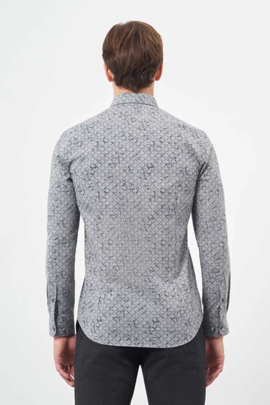 Füme Uzun Kol Yarım İtalyan Yaka Cepsiz Pamuklu Classic Slim Fit Gömlek 1004245222 - Resim 5