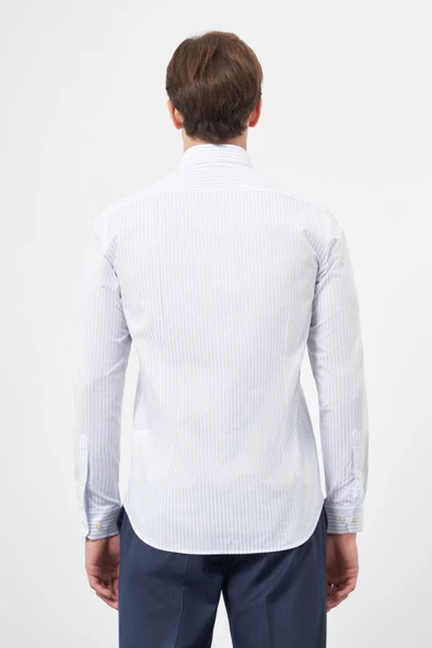 Beyaz Uzun Kol Çizgili Desen Cepsiz Classic Slim Fit Gömlek 1004245209 - Resim 4