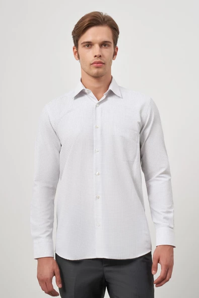 Beyaz Uzun Kol Kareli Desen Bez Ayağı Sert Yaka Cepli Pamuklu Classic Comfort Fit Gömlek 1004245163 - 5