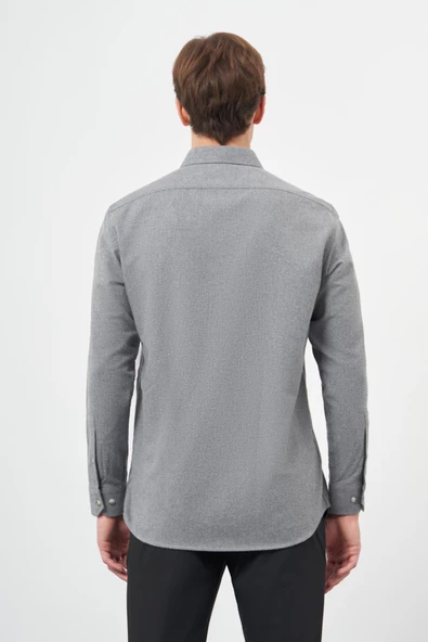 Füme Uzun Kol Düz Gabardin Sert Yaka Cepli Pamuklu Classic Comfort Fit Gömlek 1004245168 - 5