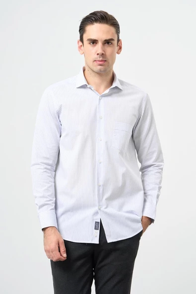 Beyaz Uzun Kol Desen Yarım İtalyan Yaka Cepli Pamuklu Classic Comfort Fit Gömlek 1004245183