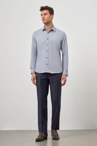 Koyu Lacivert Uzun Kol Kendinden Armürlü Cepsiz Pamuklu Classic Slim Fit Gömlek 1004245161 - 2