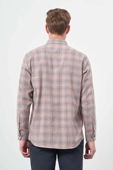 Füme Uzun Kol Ekose Desen Gabardin Sert Yaka Cepsiz Pamuklu Classic Comfort Fit Gömlek 1004245165 - Resim 5