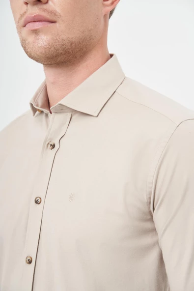 Bej Uzun Kol Düz Bez Ayağı Yarım İtalyan Yaka Cepsiz Pamuklu Classic Slim Fit Gömlek 1004245211 - Resim 5