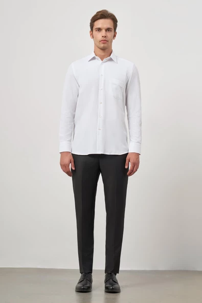 Beyaz Uzun Kol Kendinden Desenli Armürlü 041 Sert Yaka Classic Comfort Fit Gömlek 1004245157 - Resim 4