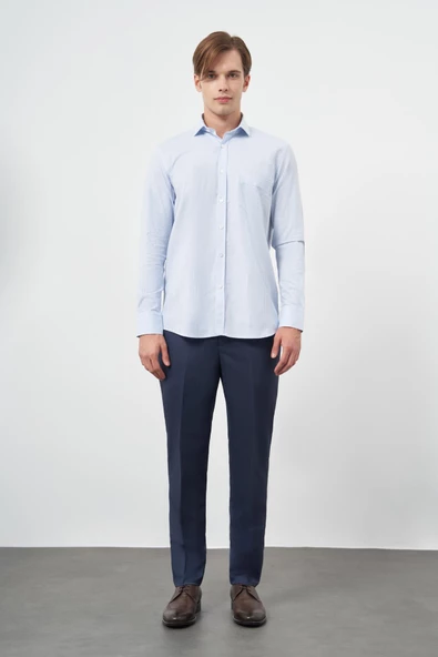 Koyu Mavi Uzun Kol Kazayağı Desen Yarım İtalyan Cepli Classic Comfort Fit Gömlek 1004245189 - Resim 2