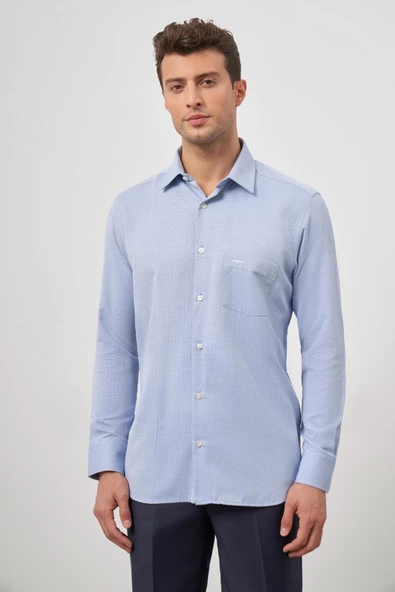 Koyu Lacivert Uzun Kol Kendinden Armürlü 041 Classic Comfort Fit Gömlek 1004245156