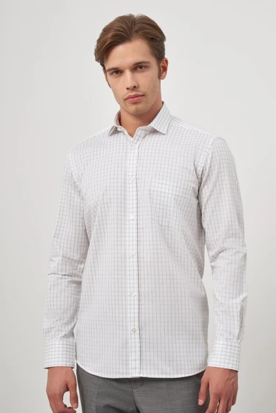 Beyaz Uzun Kol Kareli Desen Gabardin Yarım İtalyan Cepli Classic Comfort Fit Gömlek 1004245193