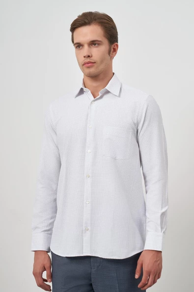 Beyaz Uzun Kol Kareli Desen Bez Ayağı Sert Yaka Cepli Pamuklu Classic Comfort Fit Gömlek 1004245163 - Resim 3