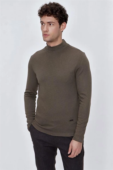 Koyu Kahverengi Suprem Yarım Balıkçı Yaka  Casual Comfort Fit Rahat Kesim Likralı Sweatshirt 1013225103 - Resim 3