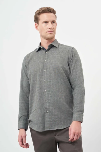 Koyu Haki Uzun Kol Kareli Desen Gabardin Cepsiz Pamuklu Classic Comfort Fit Gömlek 1004245166