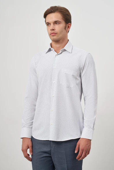 Koyu Lacivert Uzun Kol Çizgili Desen Bez Ayağı 041 Sert Yaka Classic Comfort Fit Gömlek 1004240263 - 4