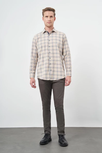 Turuncu Uzun Kol Ekose Desen Gabardin Cepsiz Pamuklu Classic Comfort Fit Gömlek 1004245165 - Resim 3