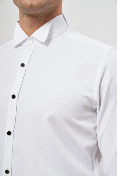 Beyaz Uzun Kol Kendinden Armürlü Ata Yaka Cepsiz Pamuklu Ceremony Slim Fit Gömlek 1004240331 - Resim 6