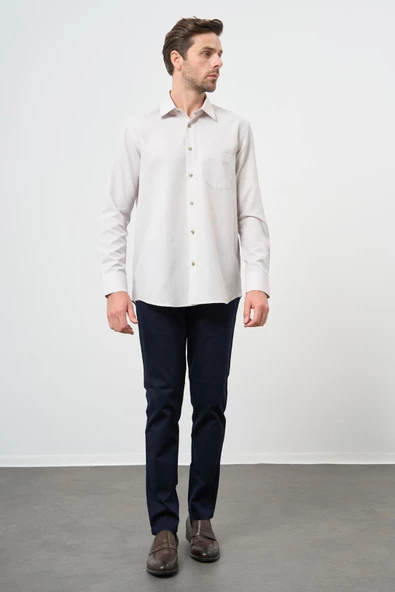 Bej Uzun Kol Kendinden Cepli Pamuklu Classic Comfort Fit Gömlek 1004245213 - Resim 2