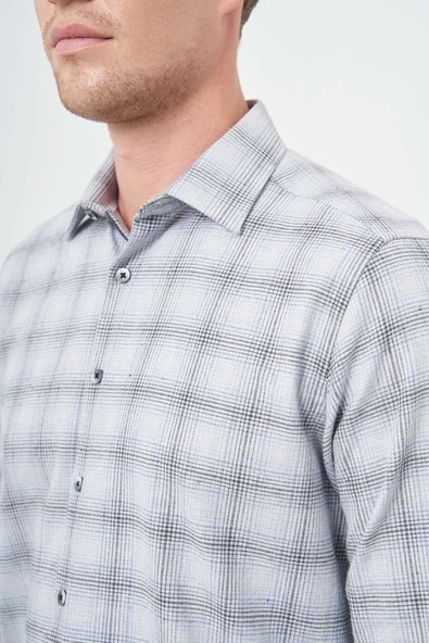 Koyu Mavi Uzun Kol Ekose Desen Gabardin Cepsiz Pamuklu Classic Comfort Fit Gömlek 1004245165 - Resim 4