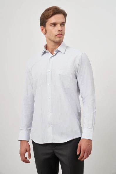 Beyaz Uzun Kol Kareli Desen Bez Ayağı Sert Yaka Cepli Pamuklu Classic Comfort Fit Gömlek 1004245159 - Resim 4
