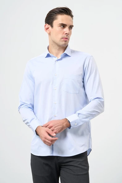 Koyu Mavi Uzun Kol İtalyan Yaka Cepli Pamuklu Classic Comfort Fit Gömlek 1004245171