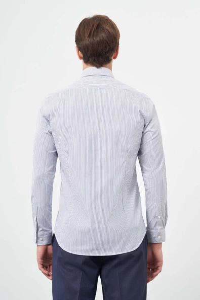 Beyaz Uzun Kol Çizgili Desen Gabardin Sert Yaka Cepsiz Pamuklu Classic Slim Fit Gömlek 1004245207 - 7