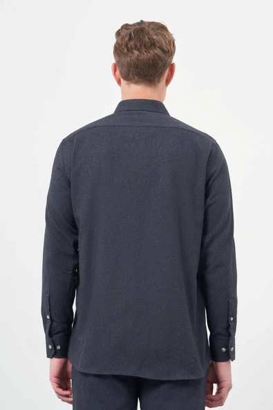 Lacivert Uzun Kol Düz Gabardin Sert Yaka Cepli Pamuklu Classic Comfort Fit Gömlek 1004245168 - Resim 5