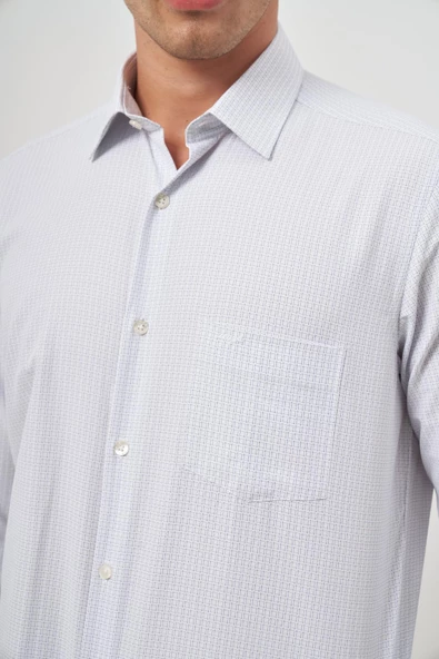 Beyaz Uzun Kol Kareli Desen Bez Ayağı Sert Yaka Cepli Pamuklu Classic Comfort Fit Gömlek 1004245159 - Resim 6