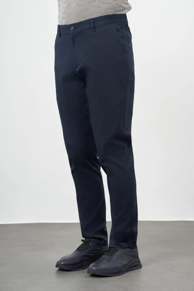 Koyu Lacivert Düz Armürlü Pamuklu Yan Cep Comfort Fit Casual Pantolon 1003245164 - Resim 2