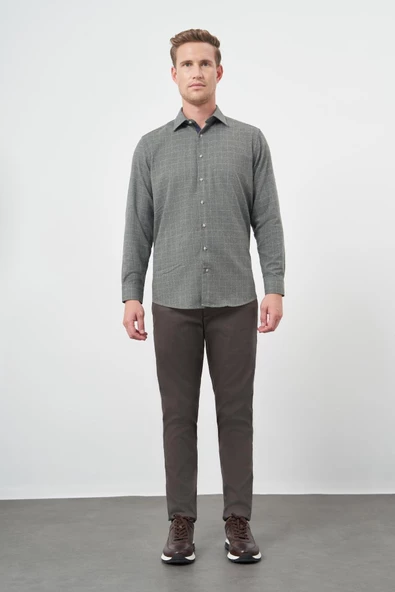 Koyu Haki Uzun Kol Kareli Desen Gabardin Cepsiz Pamuklu Classic Comfort Fit Gömlek 1004245166 - Resim 2