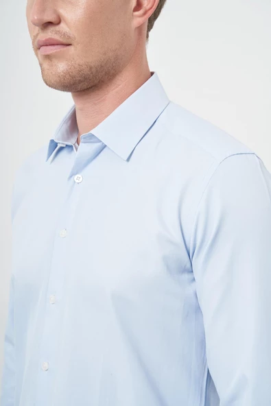 Koyu Mavi Uzun Kol Düz Bez Ayağı Sert Yaka Cepsiz Pamuklu Classic Slim Fit Gömlek 1004245267 - Resim 4