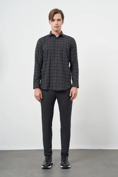 Siyah Uzun Kol Ekose Desen Gabardin Sert Yaka Cepli Pamuklu Classic Comfort Fit Gömlek 1004245169 - 2