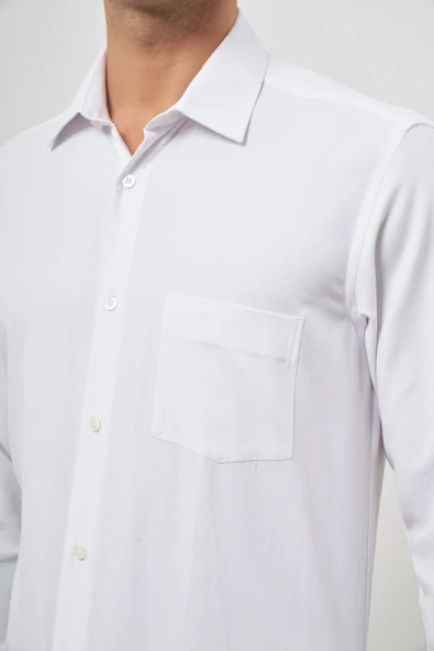 Beyaz Uzun Kol Kendinden Desenli Armürlü 041 Sert Yaka Classic Comfort Fit Gömlek 1004245154 - Resim 6