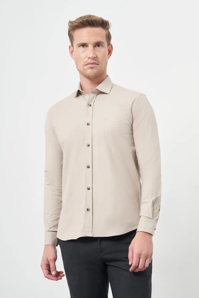Bej Uzun Kol Düz Bez Ayağı Yarım İtalyan Yaka Cepsiz Pamuklu Classic Slim Fit Gömlek 1004245211