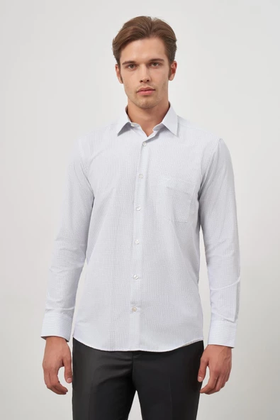 Beyaz Uzun Kol Kareli Desen Bez Ayağı Sert Yaka Cepli Pamuklu Classic Comfort Fit Gömlek 1004245159 - Resim 5
