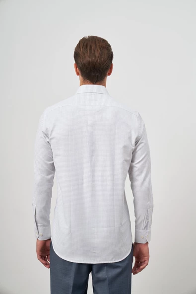 Beyaz Uzun Kol Kareli Desen Bez Ayağı Sert Yaka Cepli Pamuklu Classic Comfort Fit Gömlek 1004245163 - Resim 7