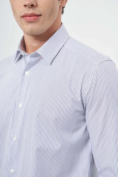 Beyaz Uzun Kol Çizgili Desen Gabardin Sert Yaka Cepsiz Pamuklu Classic Slim Fit Gömlek 1004245207 - 6