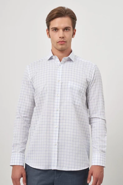 Beyaz Uzun Kol Kareli Desen Yarım İtalyan Cepli Classic Comfort Fit Gömlek 1004245196 - Resim 5